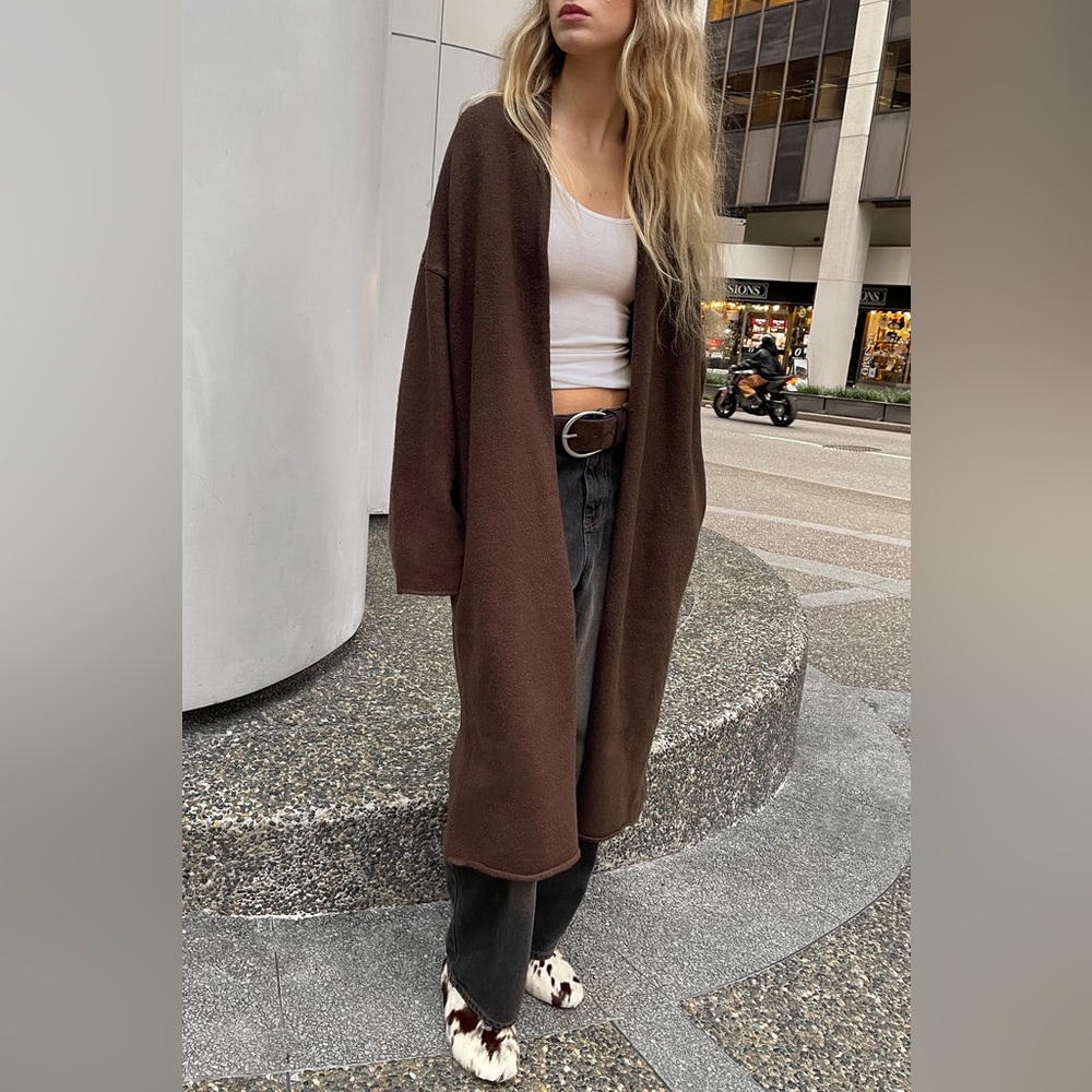 OAK + FORT | Long Cardigan | Soft Chocolate Brown with Open Front and Pockets